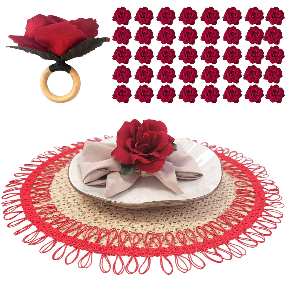 Maison Charlô | Wholesale Set of 40 Wholesale Red Colombiana Rose Flower Rosebud Napkin Rings Ecofriendly Pack