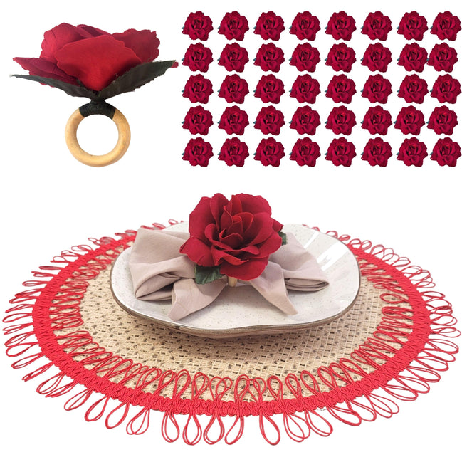 Maison Charlô | Wholesale Set of 40 Wholesale Red Colombiana Rose Flower Rosebud Napkin Rings Ecofriendly Pack