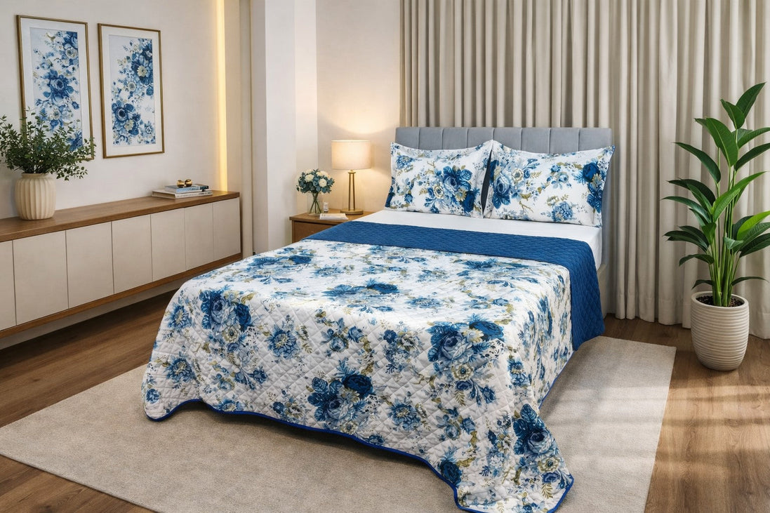 Kit Cobre-Leito Soft Madri Casal Queen Dupla Face – 3 Peças – Azul