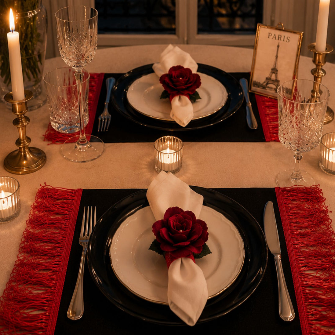 Maison Charlo Set of 2 Velvet Red Rosebud Napkin Rings with Velvet Jewelry Pouch