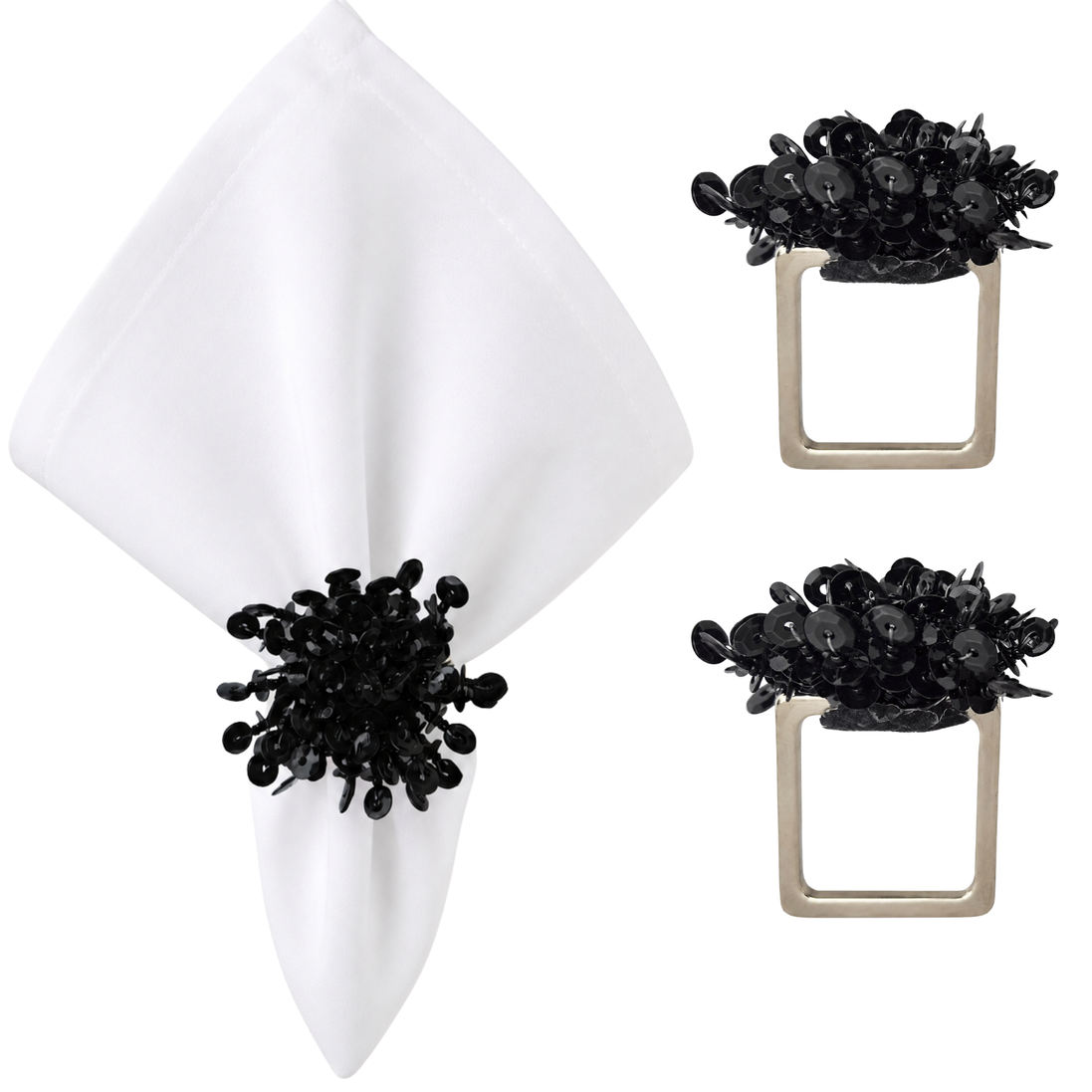 Maison Charlo Set of 2 Black Flower Noir Sequin Napkin Rings