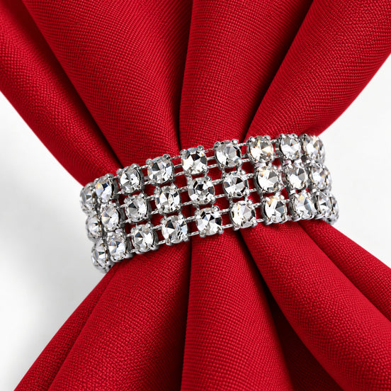 Maison Charlo Set of 4 Red Basic Cloth Napkins 16 × 16 in with Silver Stretchable Napkin Rings