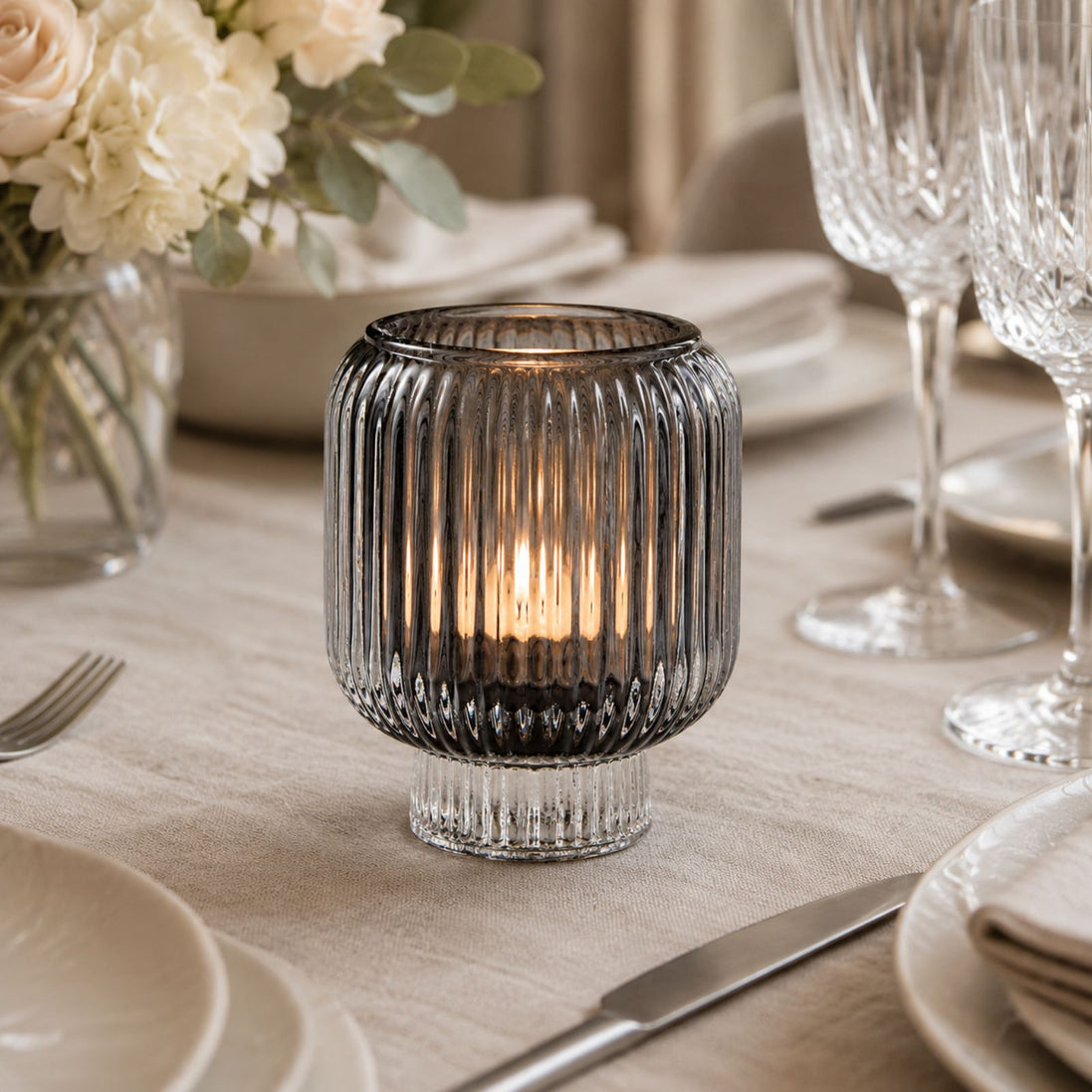 Black Ribbed Glass Candle Holder – Transparent Decorative Votive