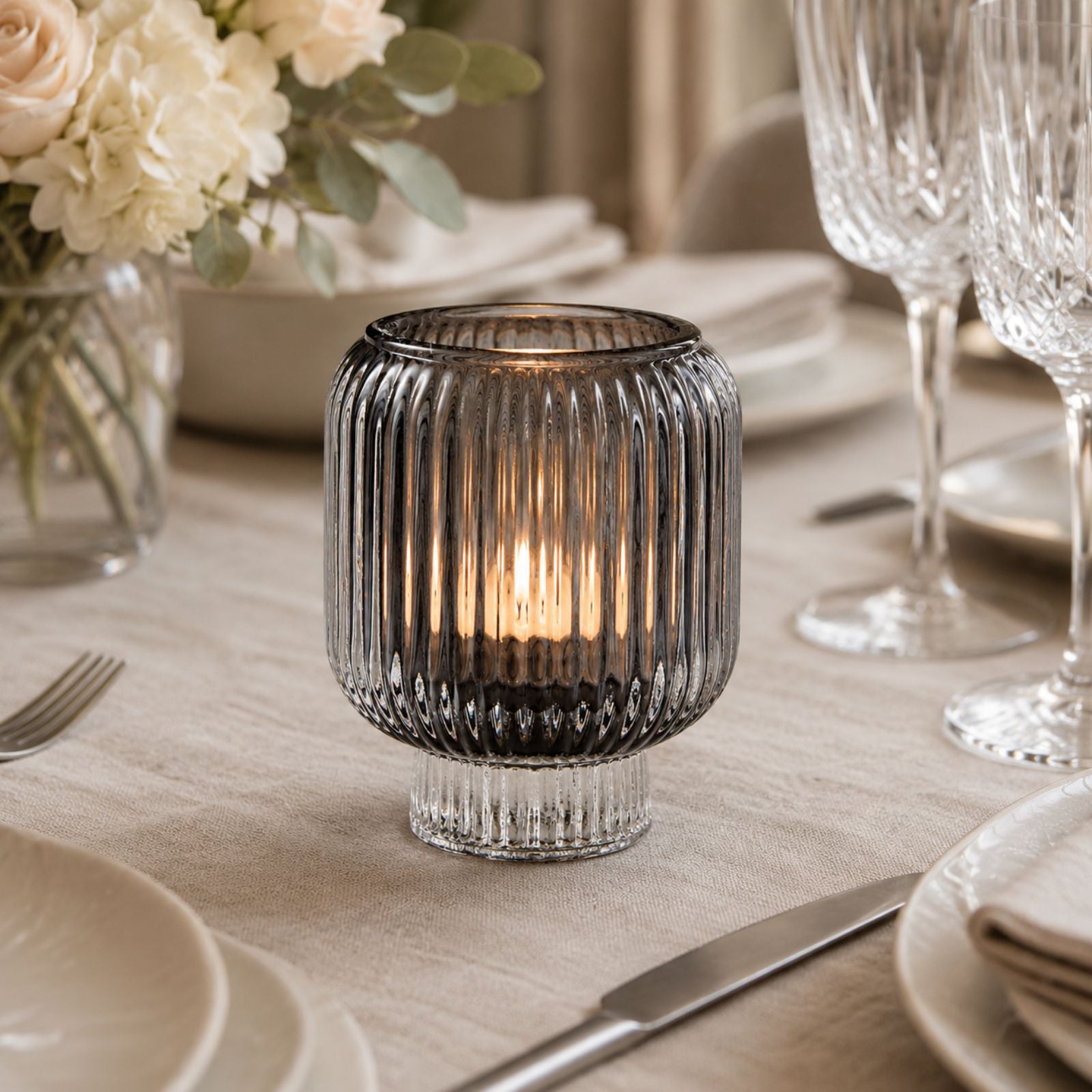 Black Ribbed Glass Candle Holder – Transparent Decorative Votive