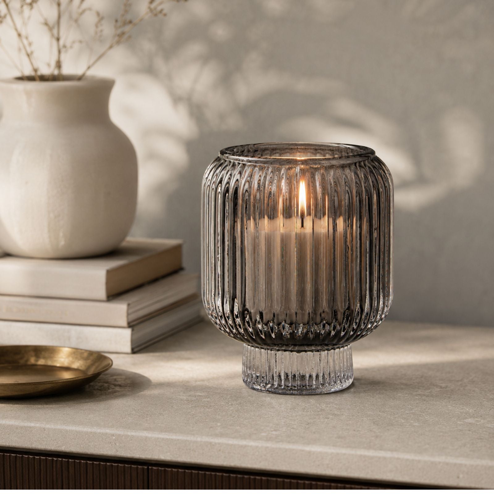 Black Ribbed Glass Candle Holder – Transparent Decorative Votive