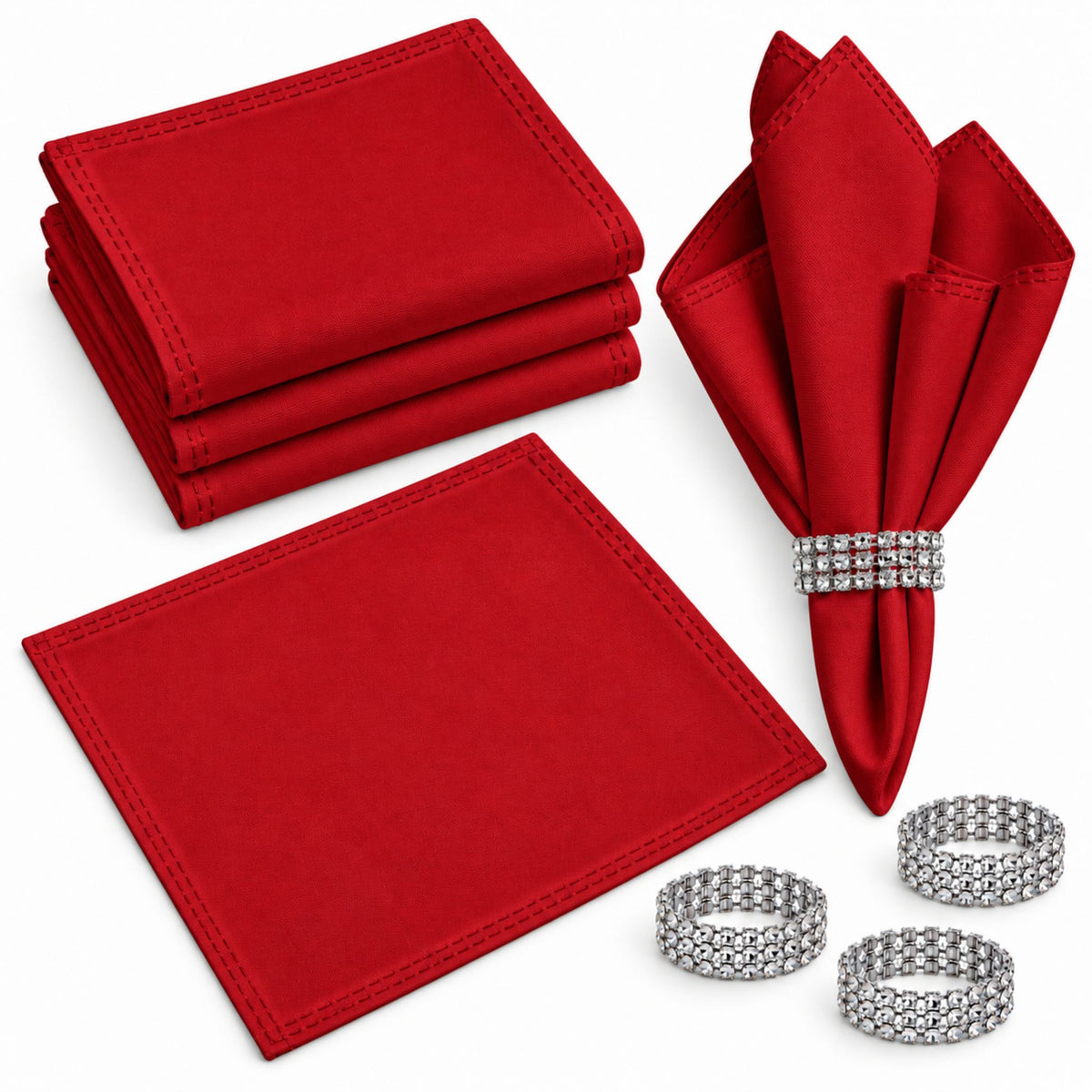 Maison Charlo Set of 4 Red Basic Cloth Napkins 16 × 16 in with Silver Stretchable Napkin Rings
