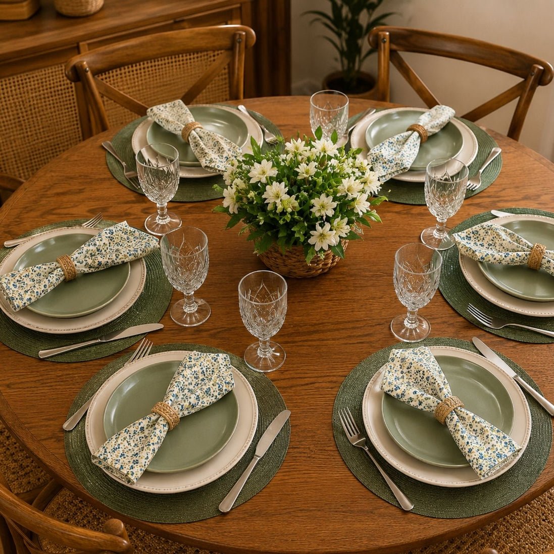 Charlo's Set of 4 Green 100% Cotton Floral Cerrado Cloth Napkins 15" by 15"