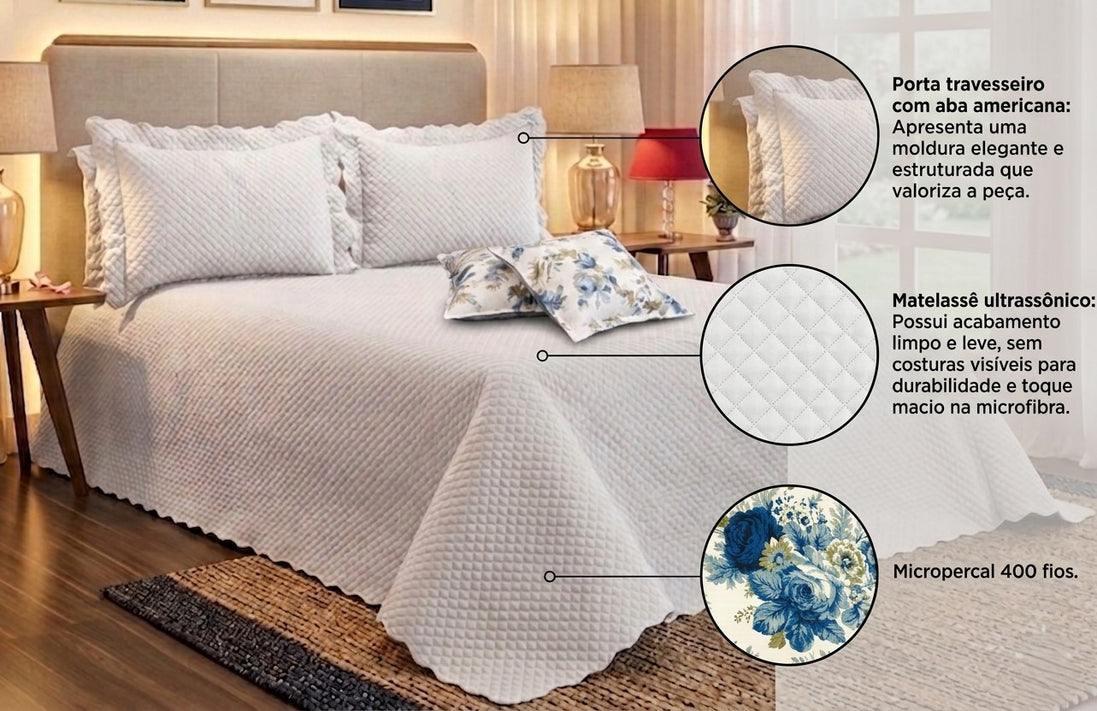 Maison Charlo Soft Florence Reversible Queen Bedspread Set – White – 5 Pieces