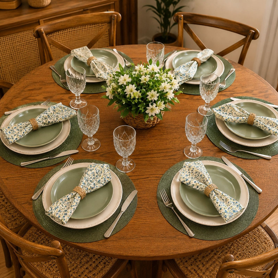 Charlo's Set of 4 Green 100% Cotton Floral Cerrado Cloth Napkins 15" by 15"