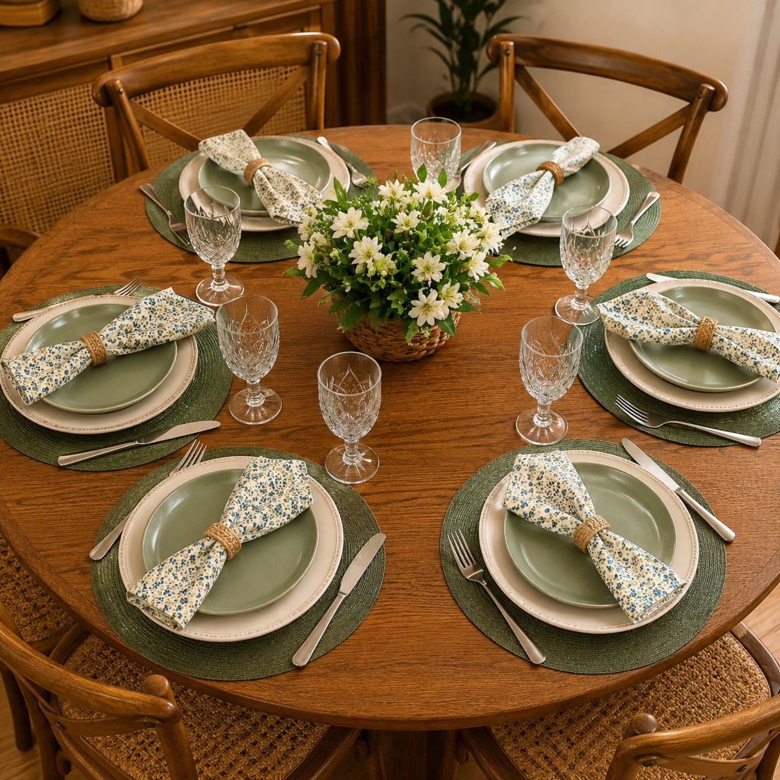 Charlo's Set of 4 Green 100% Cotton Floral Cerrado Cloth Napkins 15