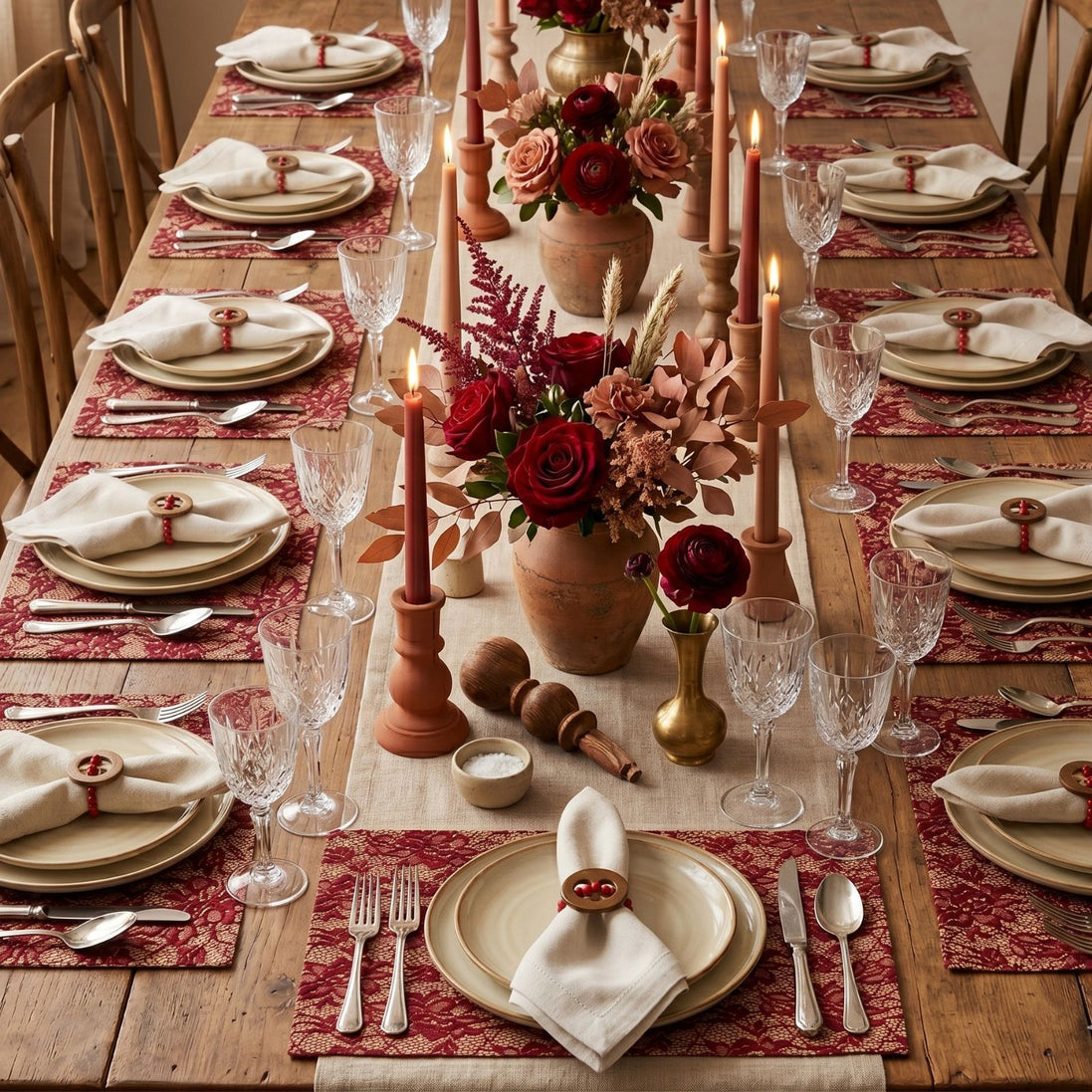 Charlo's Set of 4 Rectangular Placemats Burgundy and Beige 18" x 12"