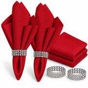 Maison Charlo Set of 4 Red Basic Cloth Napkins 16 × 16 in with Silver Stretchable Napkin Rings