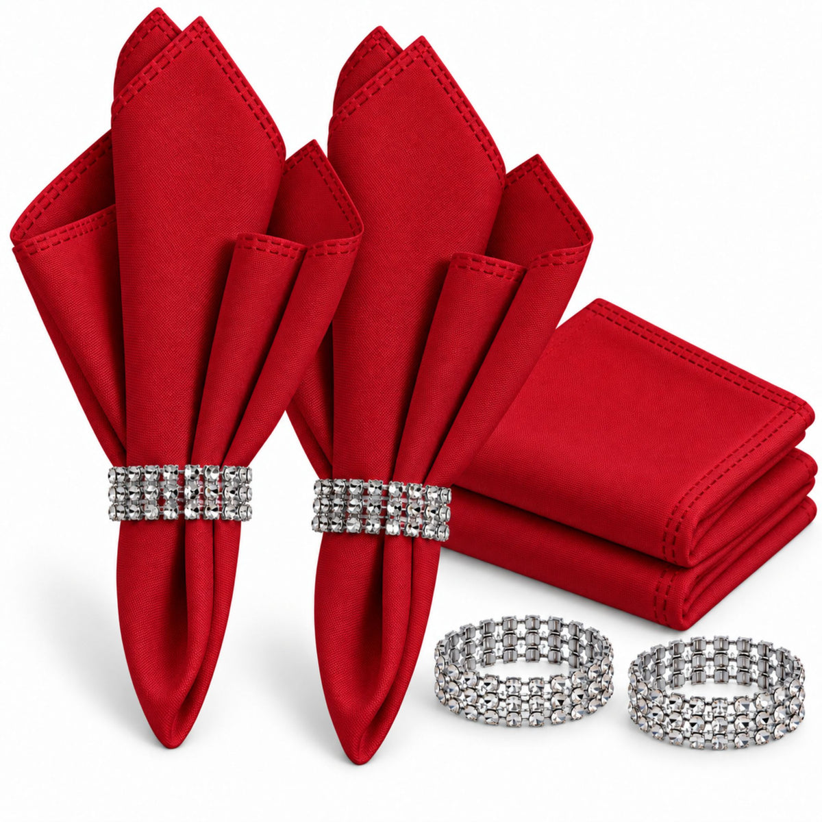Maison Charlo Set of 4 Red Basic Cloth Napkins 16 × 16 in with Silver Stretchable Napkin Rings