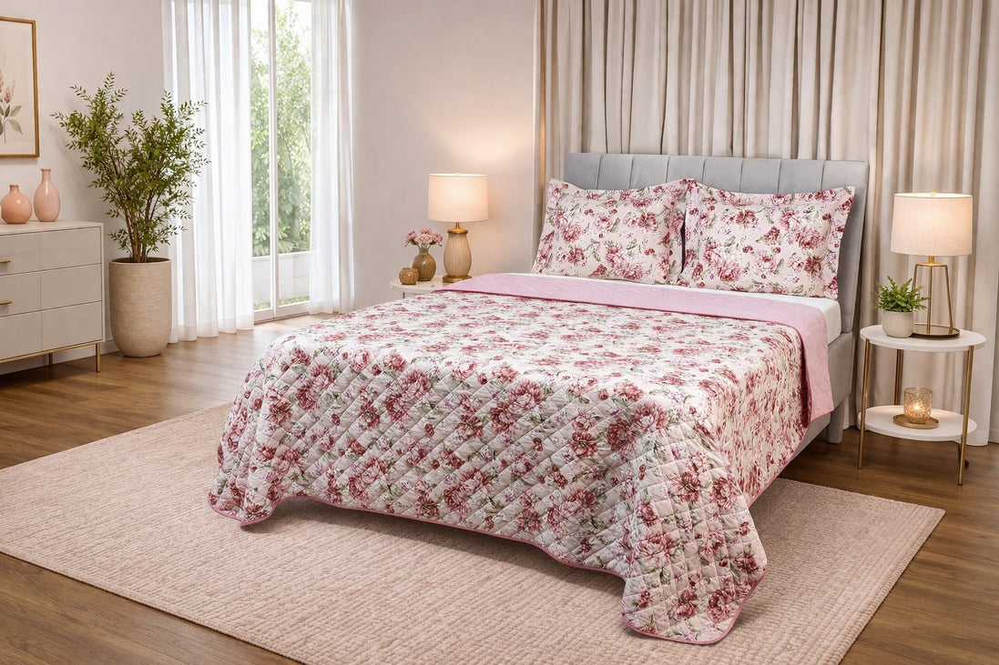 Maison Charlo Soft Madri Reversible Queen Bedspread Set – Dusty Rose – 3 Pieces