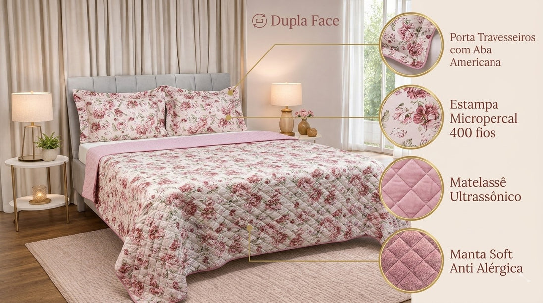 Maison Charlo Soft Madri Reversible Queen Bedspread Set – Dusty Rose – 3 Pieces