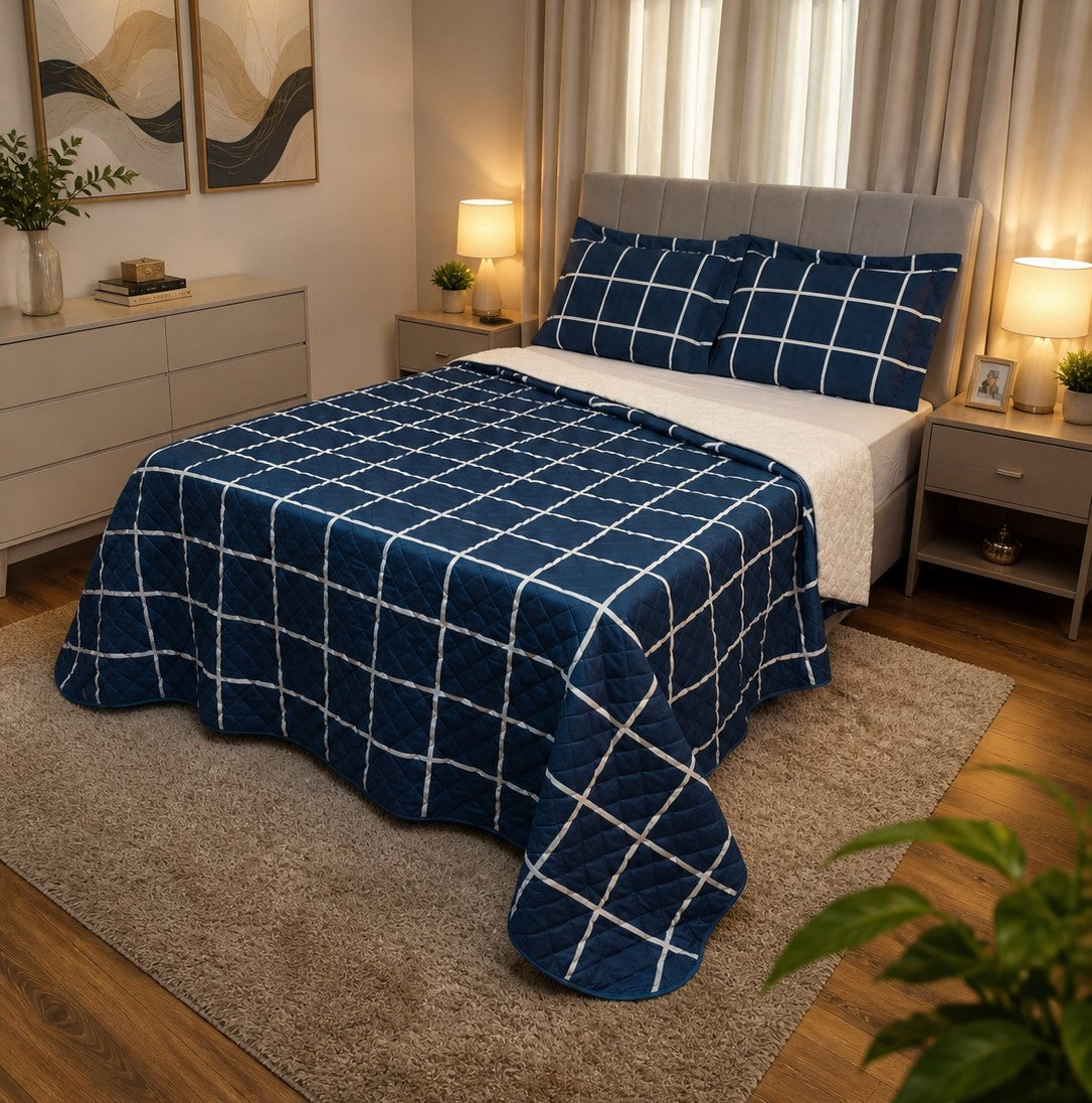 Maison Charlo Soft Madri Reversible Queen Bedspread Set – Navy Blue – 3 Pieces