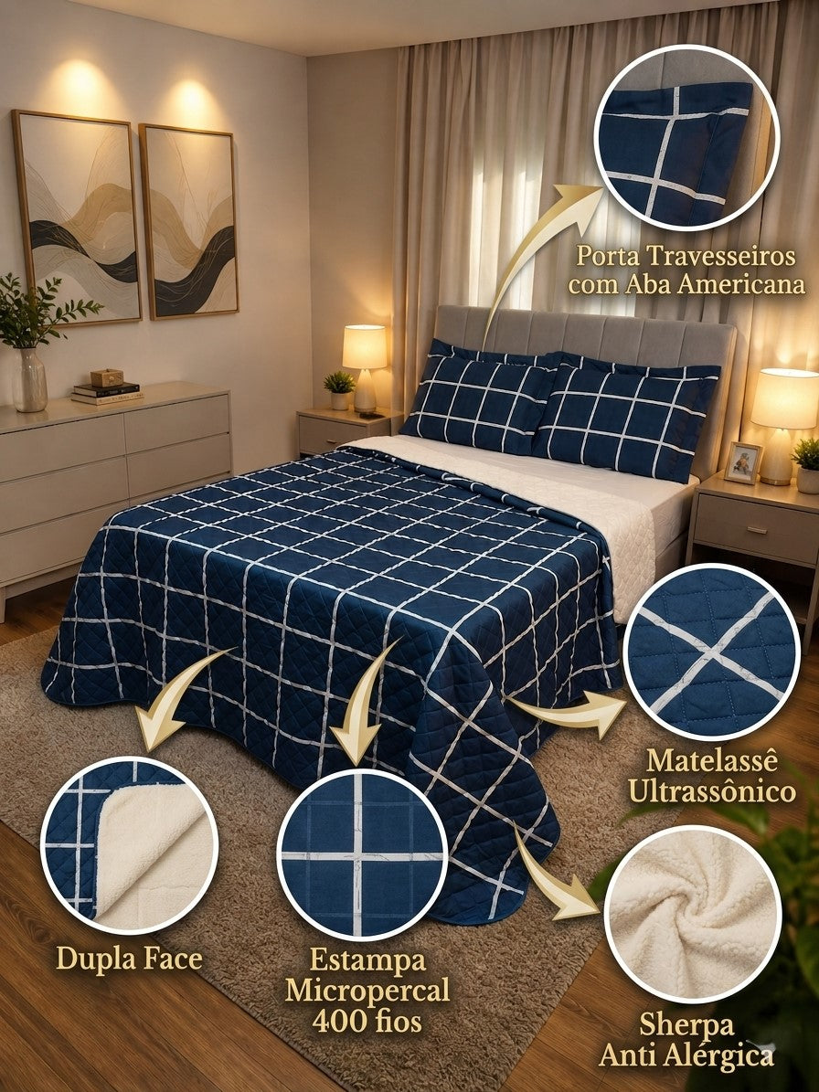 Maison Charlo Soft Madri Reversible Queen Bedspread Set – Navy Blue – 3 Pieces