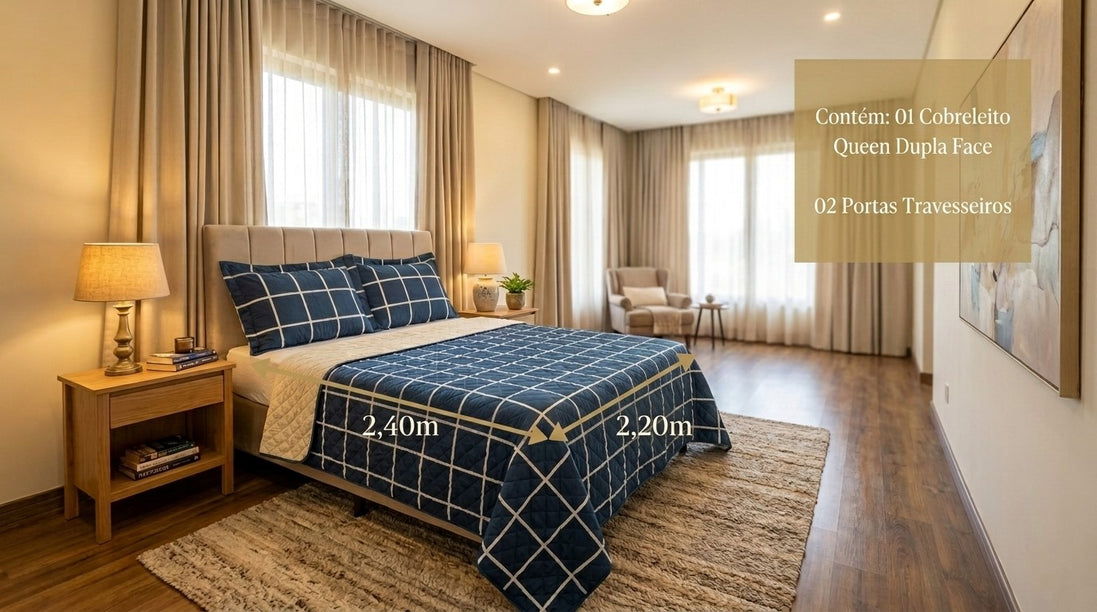 Maison Charlo Soft Madri Reversible Queen Bedspread Set – Navy Blue – 3 Pieces