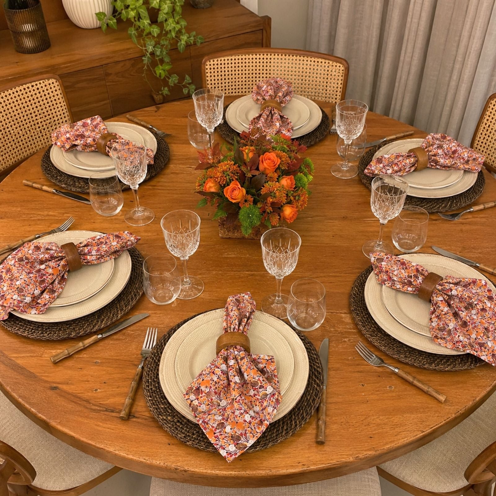 Charlo's Set of 4 Orange 100% Cotton Floral Cerrado Cloth Napkins 15