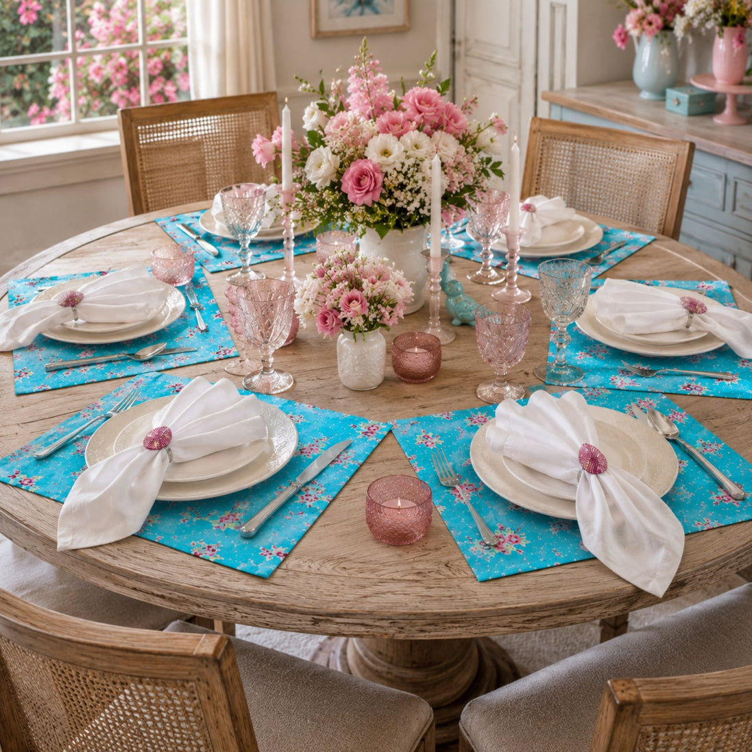 Charlo's Set of 4 Rectangular Placemats Spring Turquoise and Pink 18" x 12"
