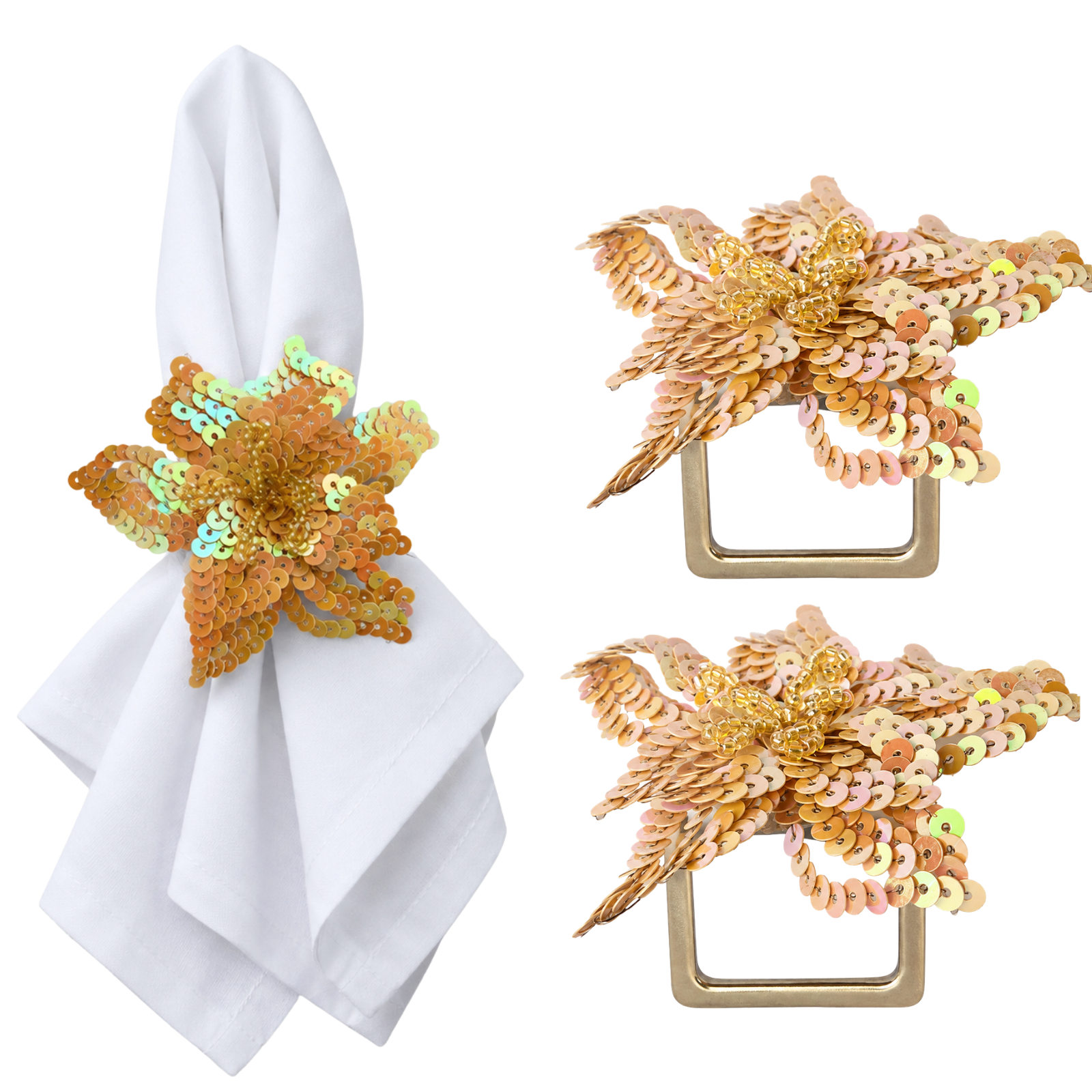 Maison Charlo Set of 2 Nude Star Flower Sequin Napkin Rings