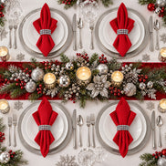 Maison Charlo Set of 4 Red Basic Cloth Napkins 16 × 16 in with Silver Stretchable Napkin Rings