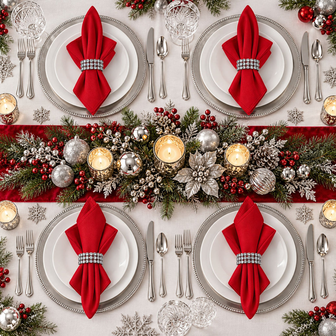 Maison Charlo Set of 4 Red Basic Cloth Napkins 16 × 16 in with Silver Stretchable Napkin Rings