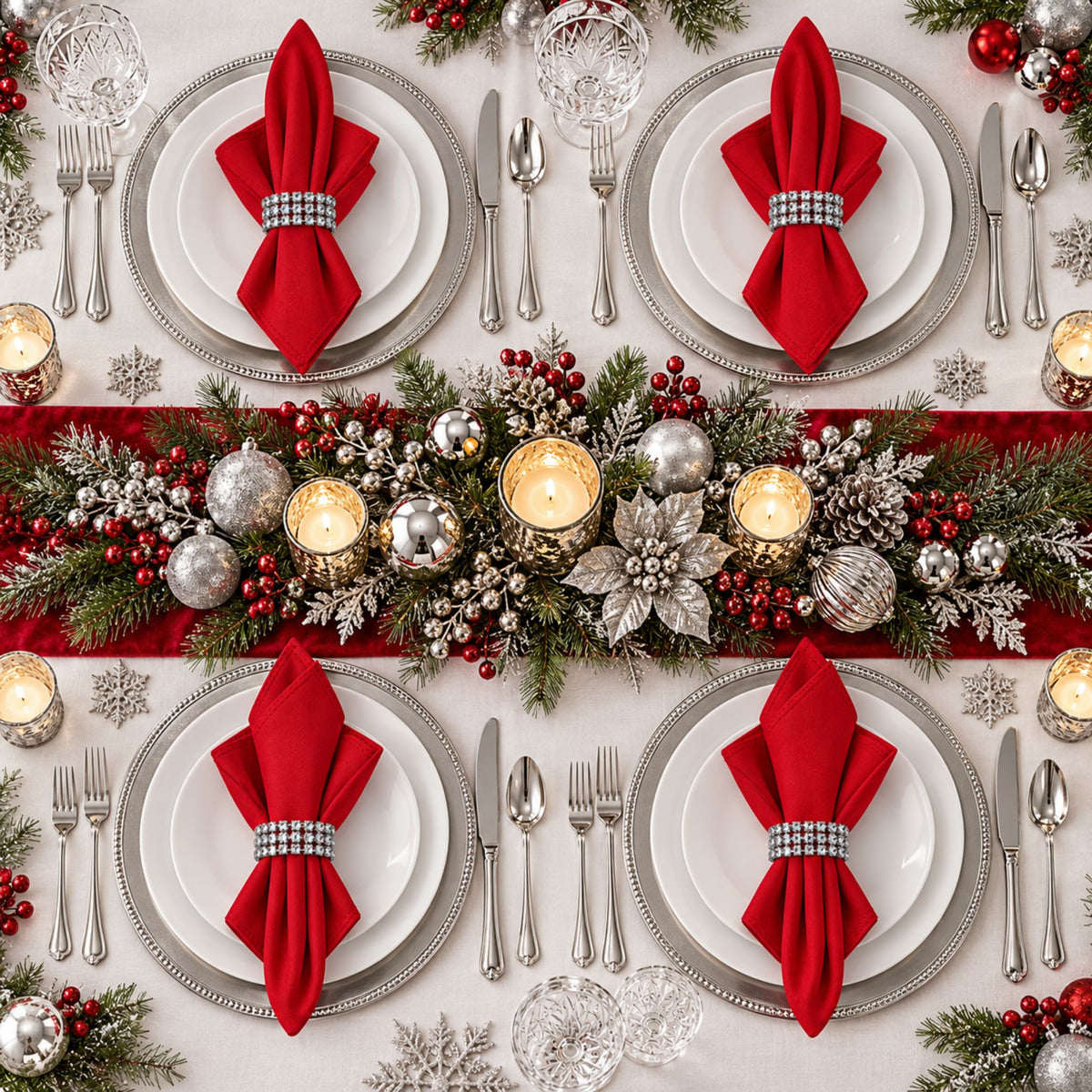 Maison Charlo Set of 4 Red Basic Cloth Napkins 16 × 16 in with Silver Stretchable Napkin Rings