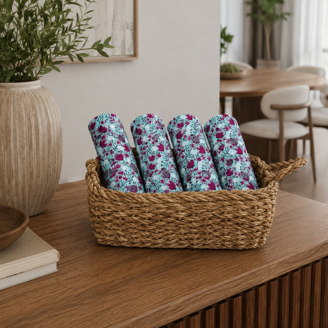 Charlo's Set of 4 Turquoise Blue 100% Cotton Floral Cerrado Cloth Napkins 15" by 15"