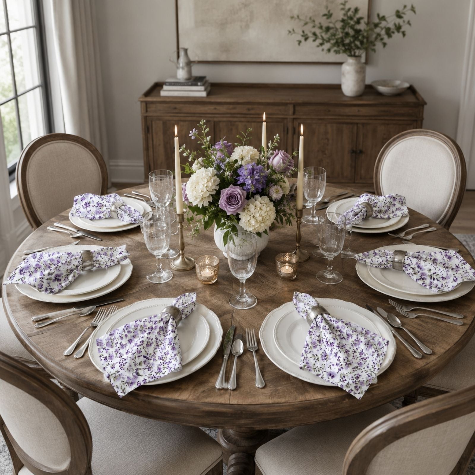 Charlo's Set of 4 Purple 100% Cotton Floral Cloth Napkins 15