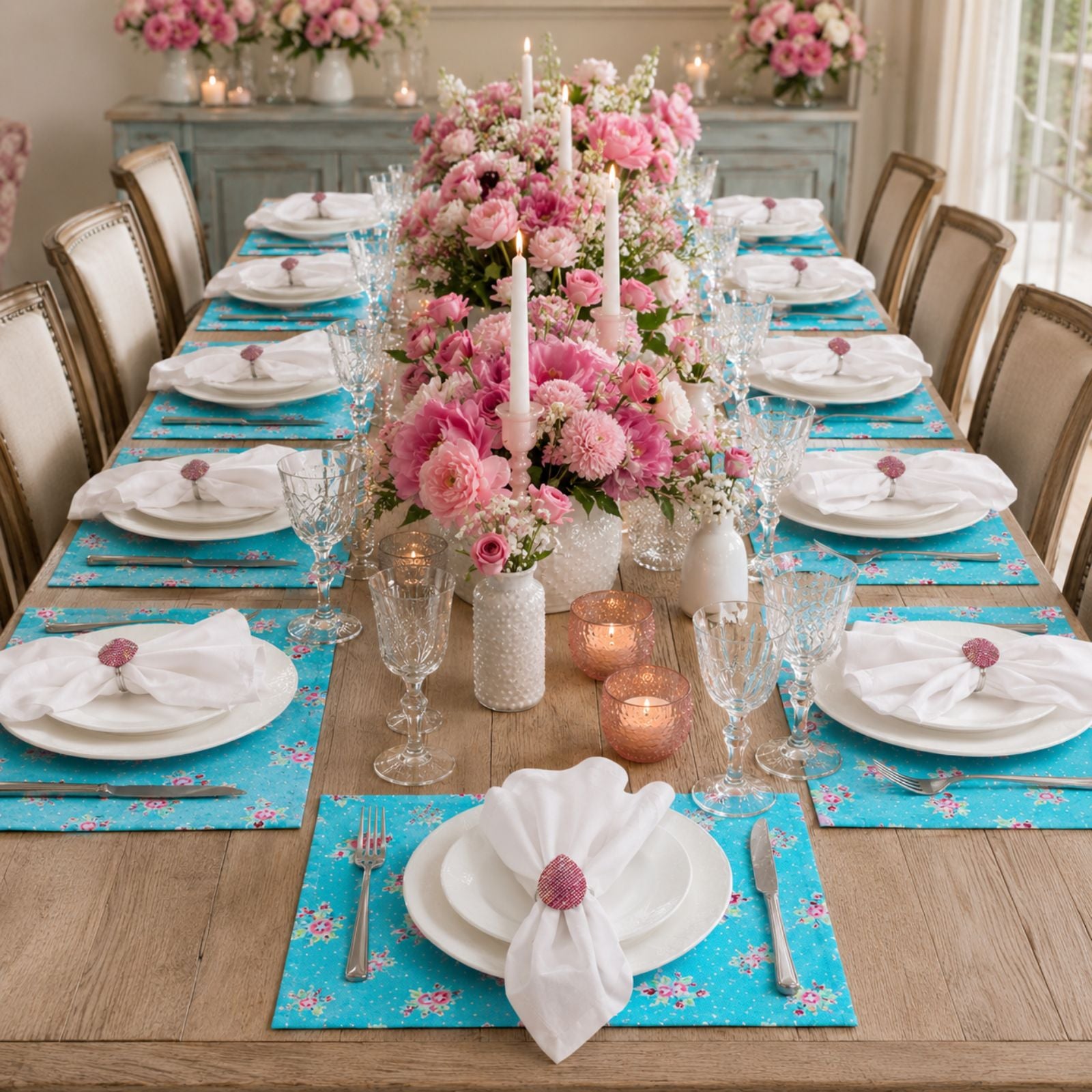 Charlo's Set of 4 Rectangular Placemats Spring Turquoise and Pink 18