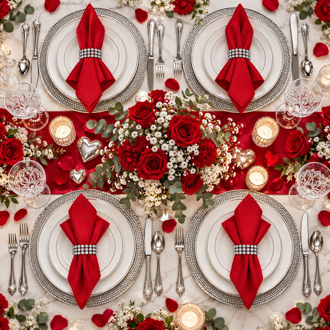 Maison Charlo Set of 4 Red Basic Cloth Napkins 16 × 16 in with Silver Stretchable Napkin Rings