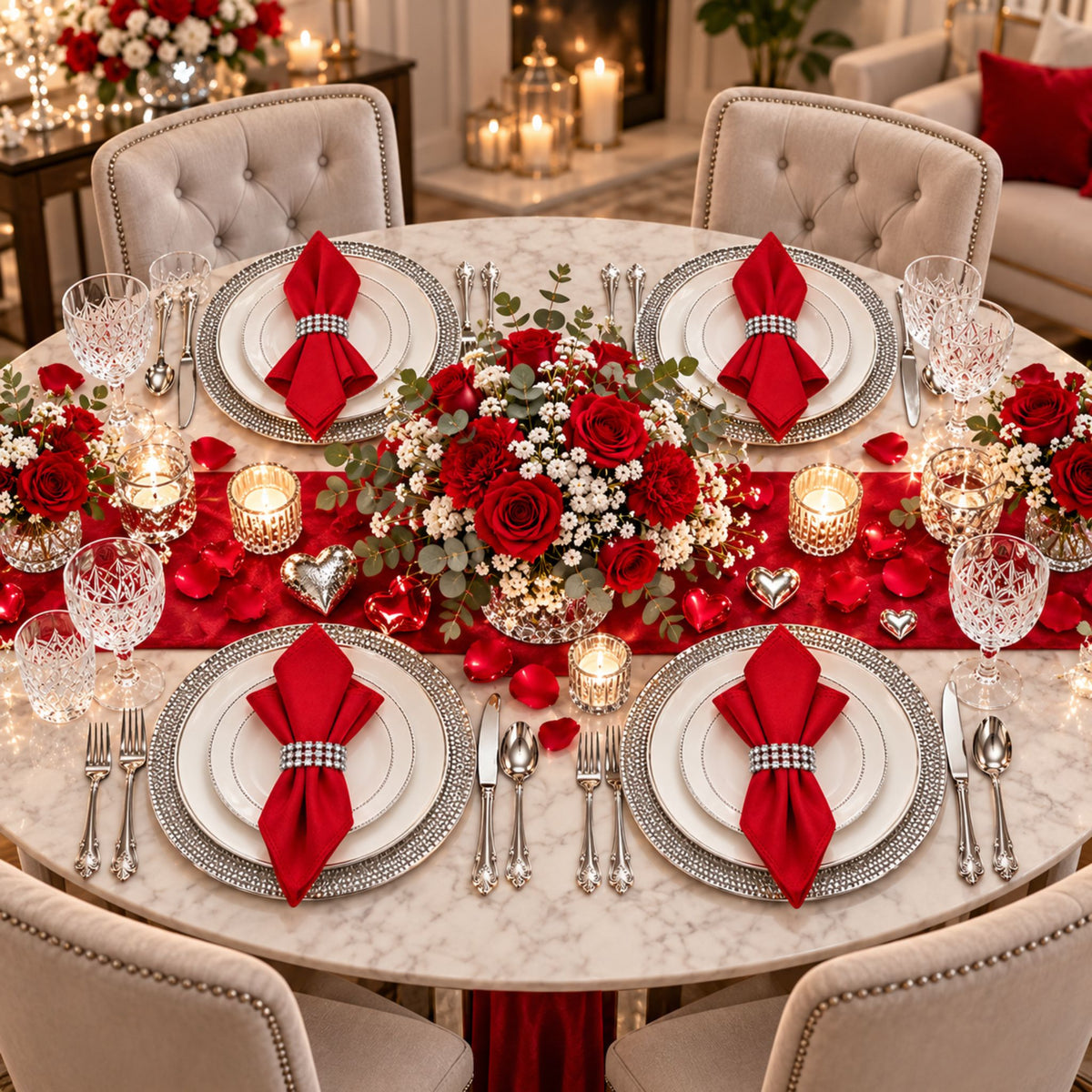 Maison Charlo Set of 4 Red Basic Cloth Napkins 16 × 16 in with Silver Stretchable Napkin Rings