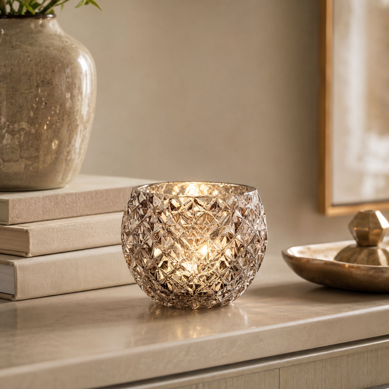 Champagne Silver Glass Candle Holder – Round Decorative Votive 3.15 in dia 3.15