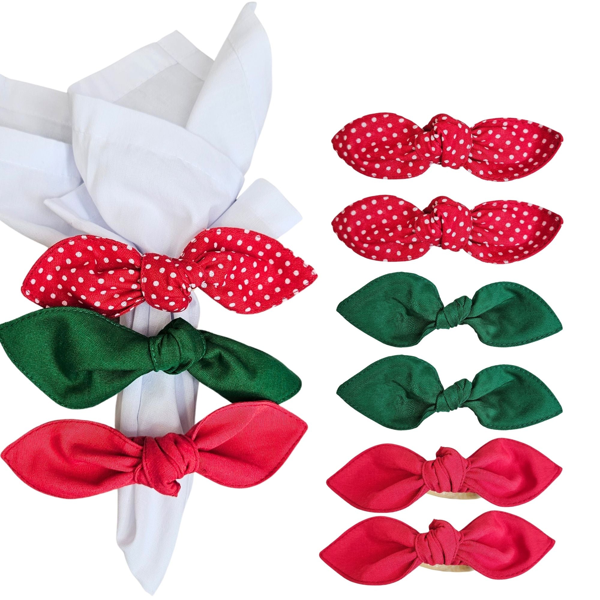 Maison Charlo | Set of 6 Ecofriendly Trio Green Red Dot Polka Ties Napkin Rings, Christmas, Easter, Valentine's, Mother's Day