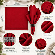 Maison Charlo Set of 4 Red Basic Cloth Napkins 16 × 16 in with Silver Stretchable Napkin Rings