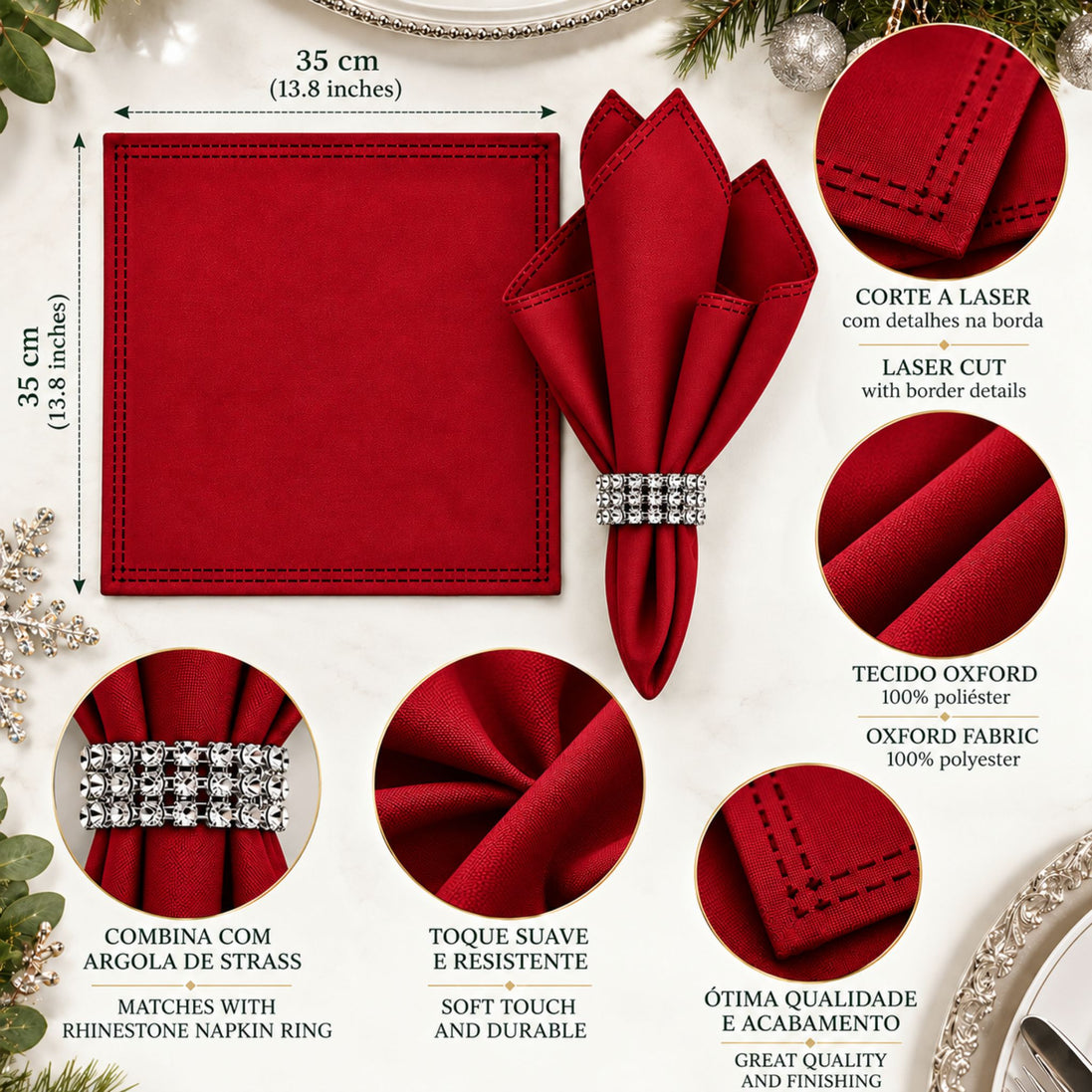 Maison Charlo Set of 4 Red Basic Cloth Napkins 16 × 16 in with Silver Stretchable Napkin Rings