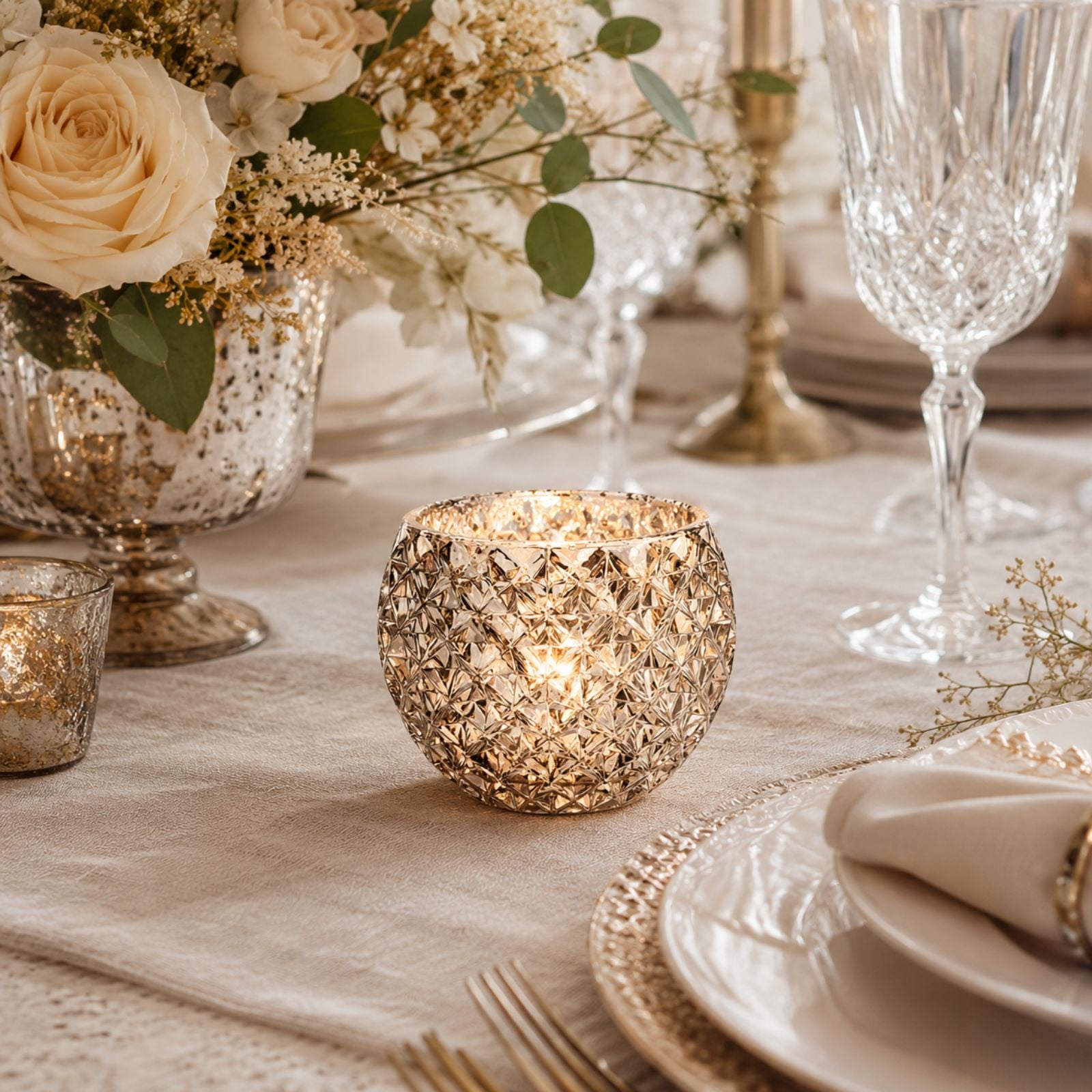 Champagne Silver Glass Candle Holder – Round Decorative Votive 3.15 in dia 3.15