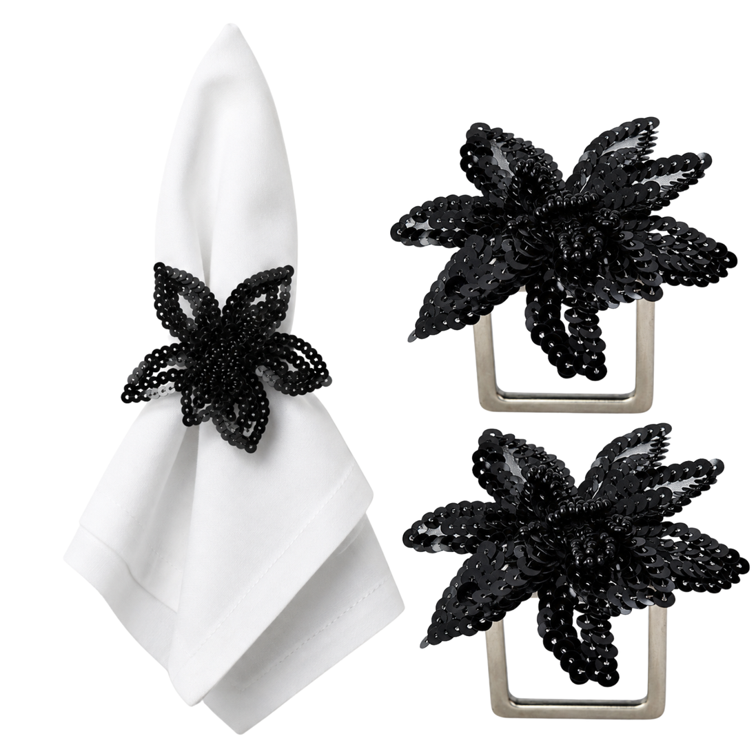 Maison Charlo Set of 2 Black Star Flower Sequin Napkin Rings