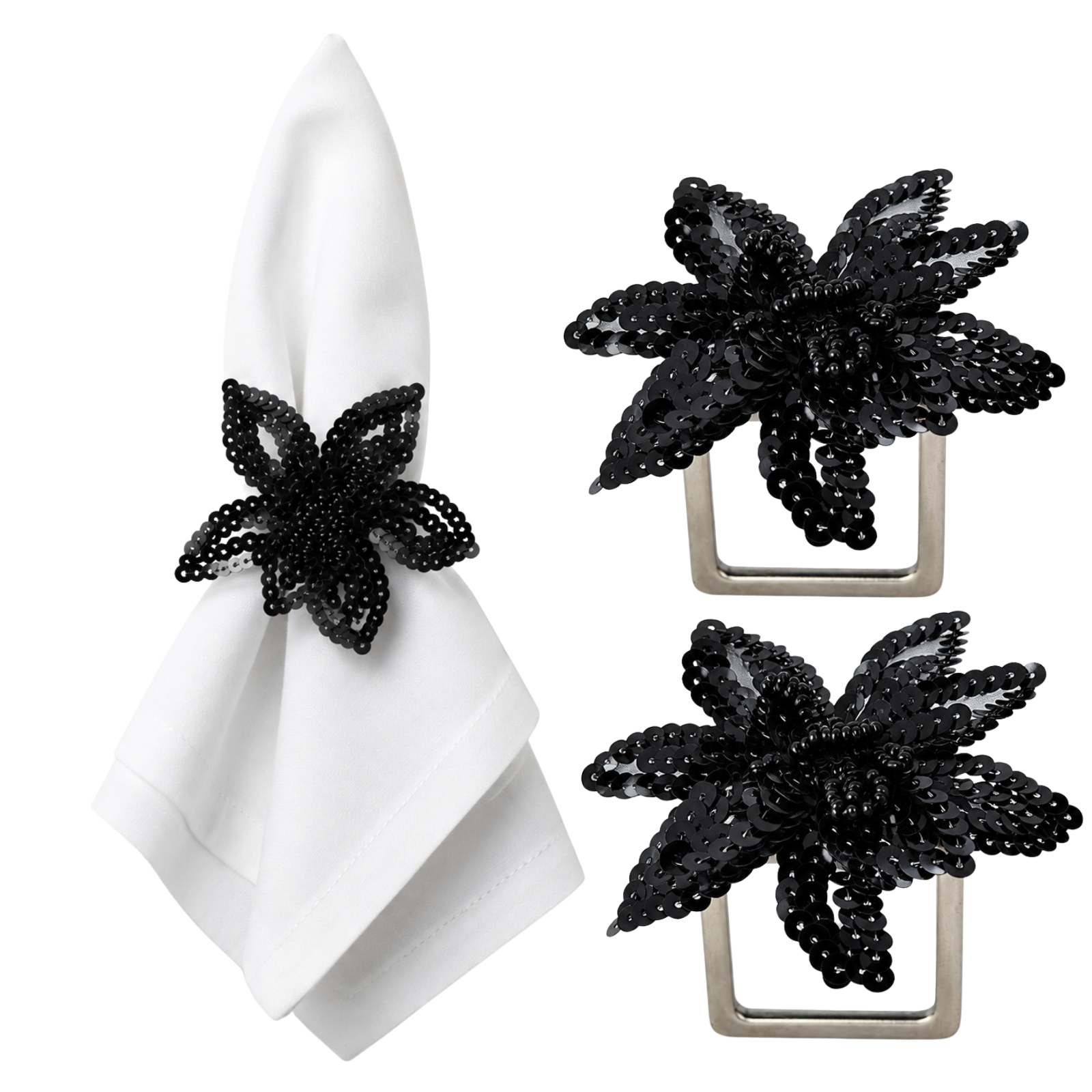 Maison Charlo Set of 2 Black Star Flower Sequin Napkin Rings
