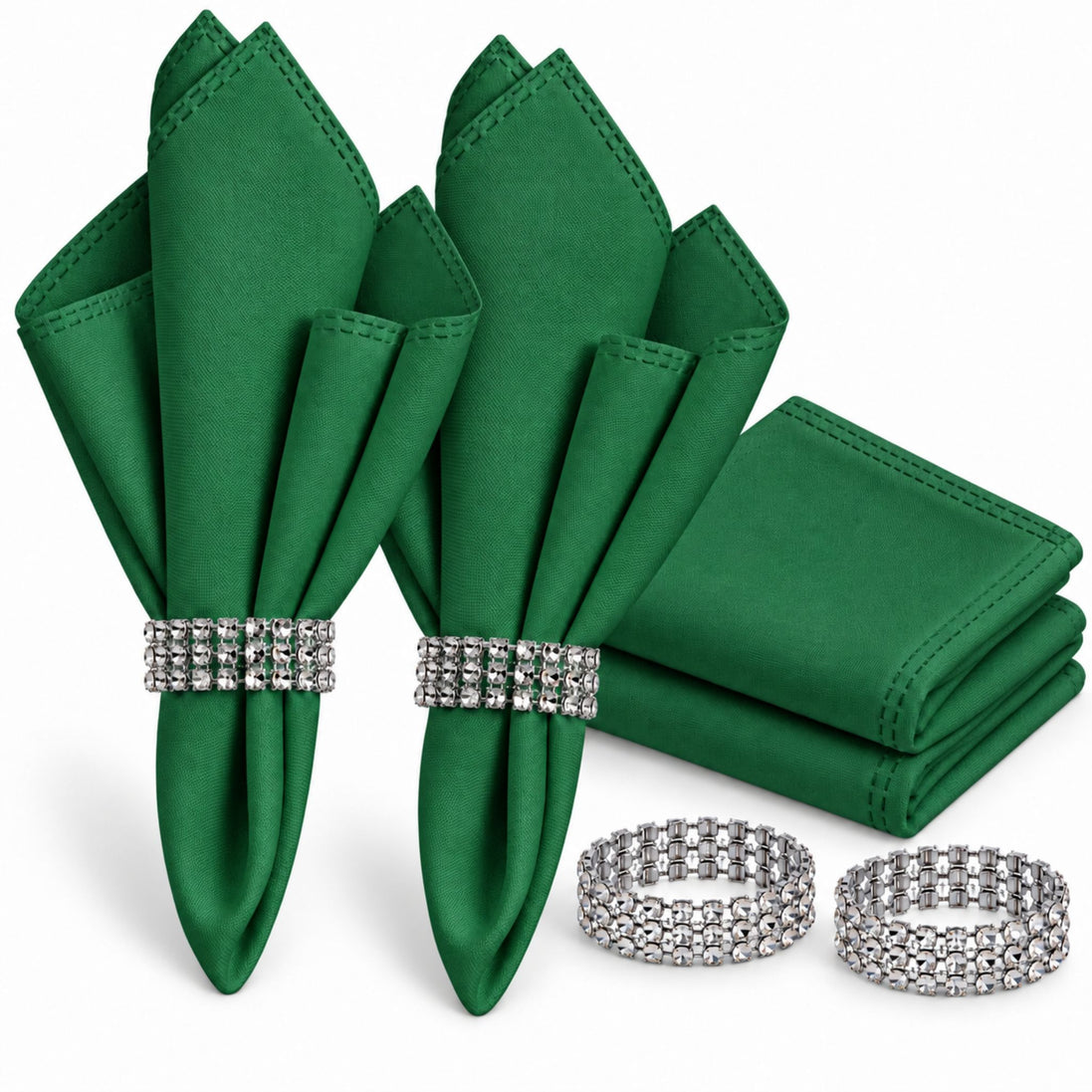 Maison Charlo Set of 4 Green Basic Cloth Napkins 16 × 16 in with Silver Stretchable Napkin Rings