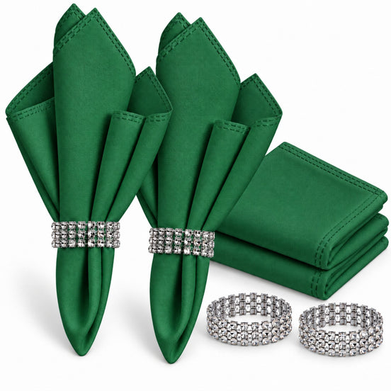 Maison Charlo Set of 4 Green Basic Cloth Napkins 16 × 16 in with Silver Stretchable Napkin Rings