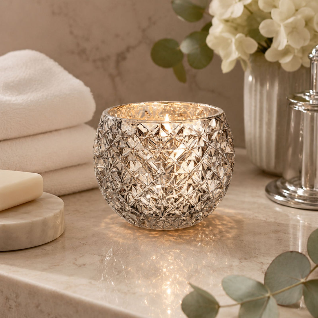 Champagne Silver Glass Candle Holder – Round Decorative Votive 3.15 in dia 3.15"h
