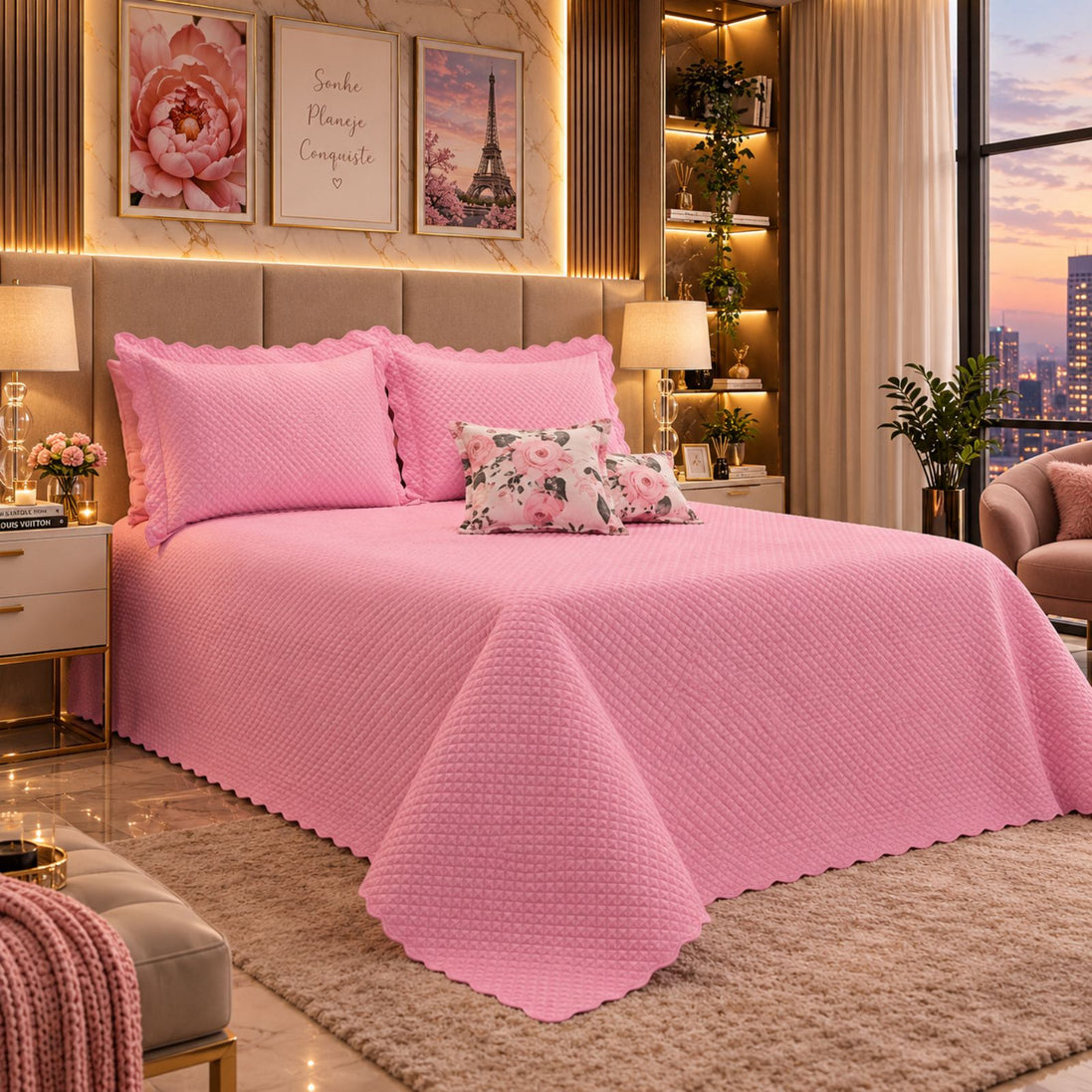 Maison Charlo Soft Florence Reversible Queen Bedspread Set – Pink – 5 Pieces