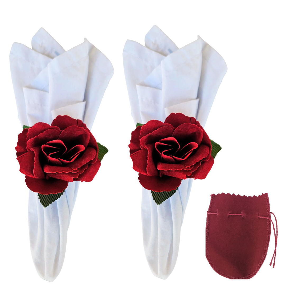 Maison Charlo Set of 2 Velvet Red Rosebud Napkin Rings with Velvet Jewelry Pouch