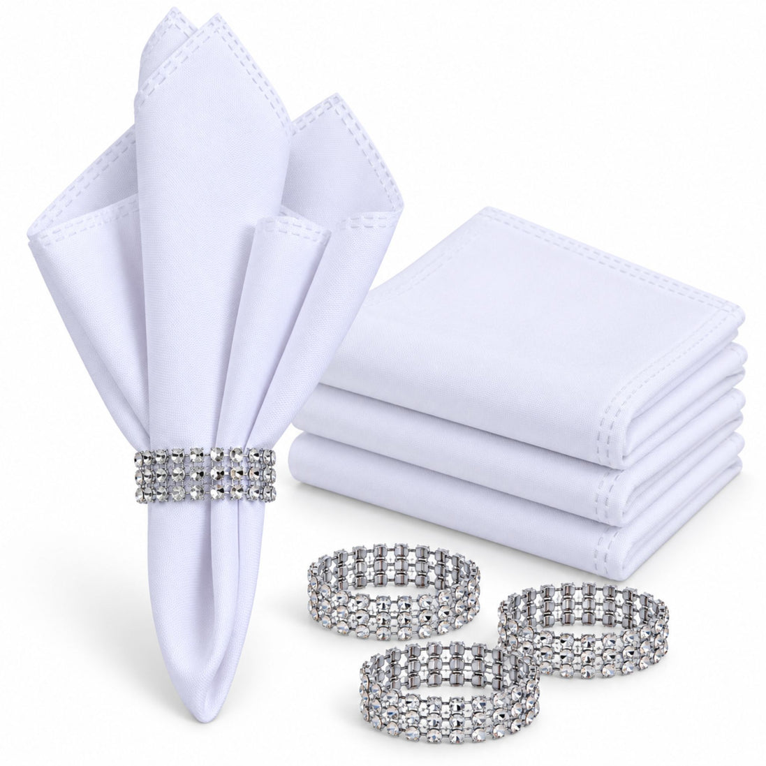Maison Charlo Set of 4 White Basic Cloth Napkins 16 × 16 in with Silver Stretchable Napkin Rings