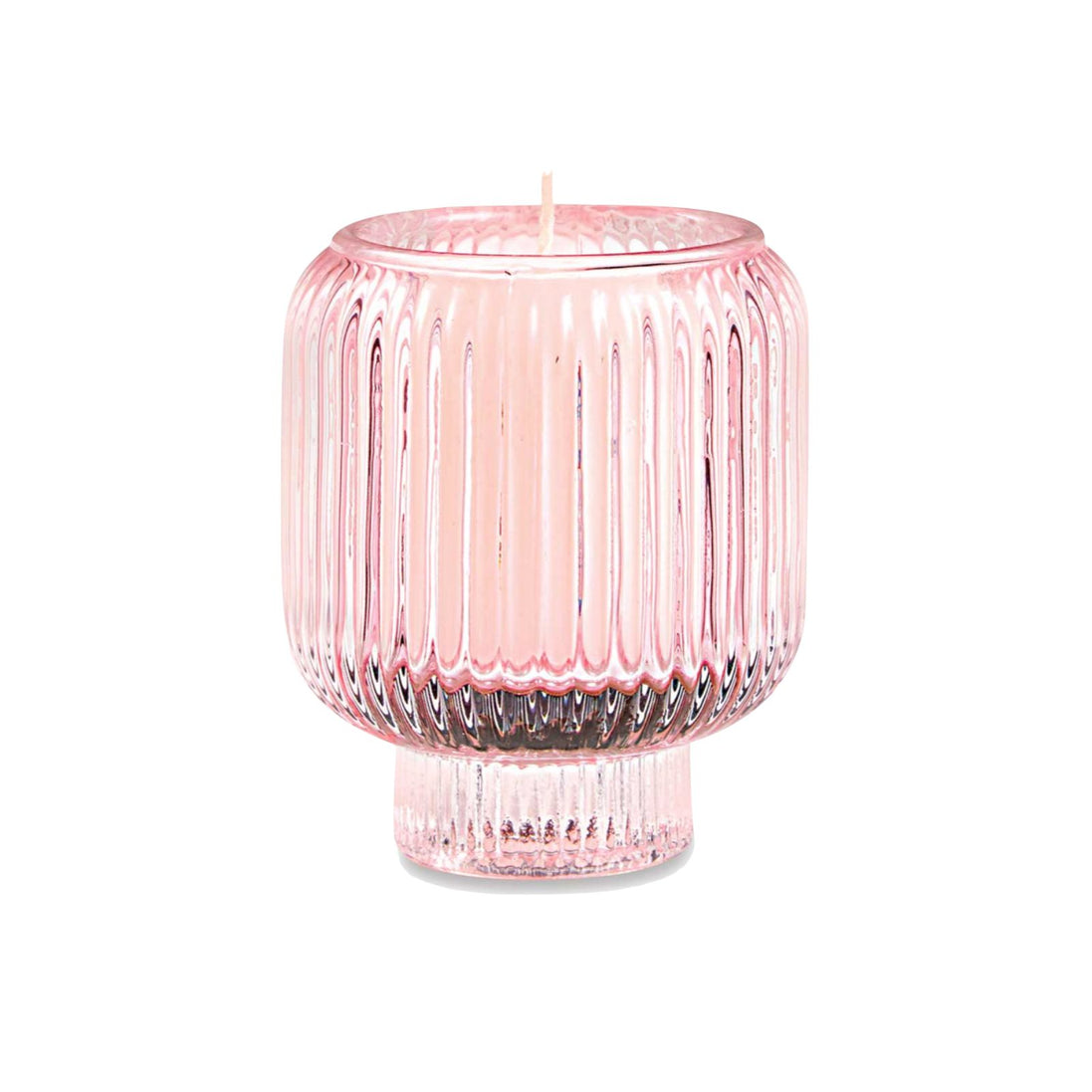 Pink Ribbed Glass Candle Holder – Transparent Decorative Votive