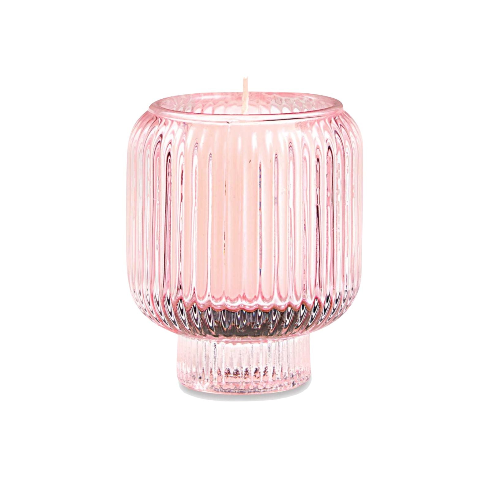 Pink Ribbed Glass Candle Holder – Transparent Decorative Votive