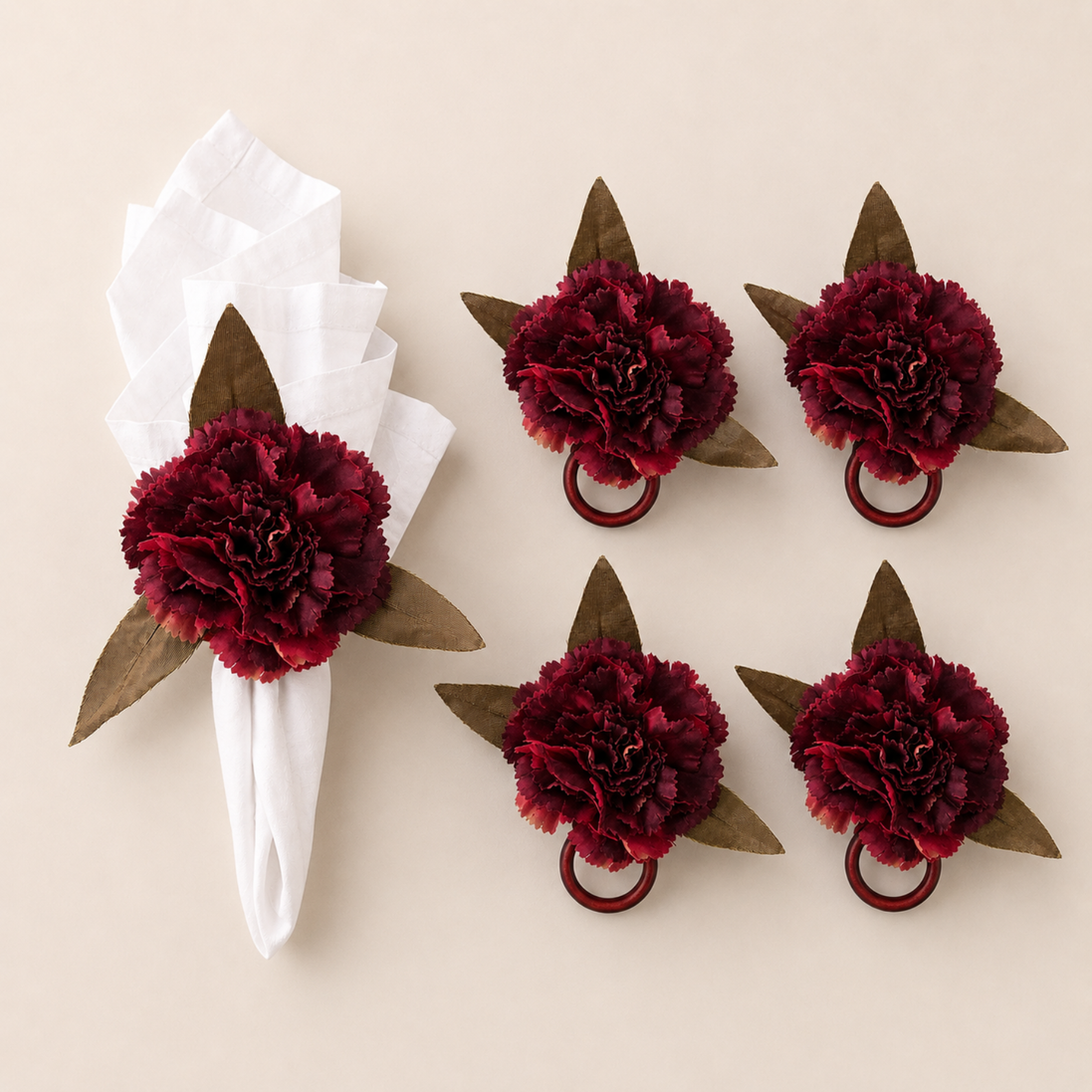 Maison Charlo Burgundy Carnation Flower Napkin Rings Set of 4, Floral Napkin Ring Holders