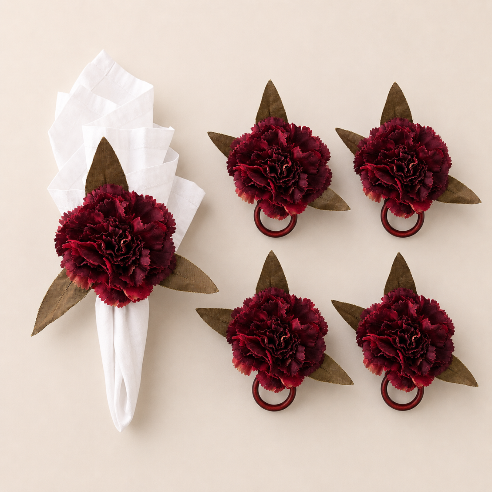 Maison Charlo Burgundy Carnation Flower Napkin Rings Set of 4, Floral Napkin Ring Holders